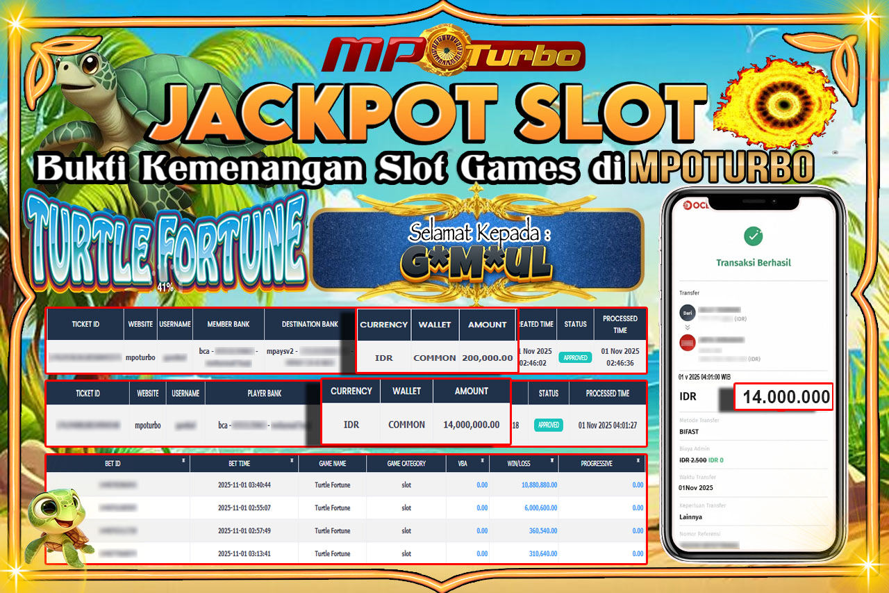 MPOTURBO JACKPOT OG SLOT - TURTLE FORTUNE Rp 14,000,000.00,- LUNAS